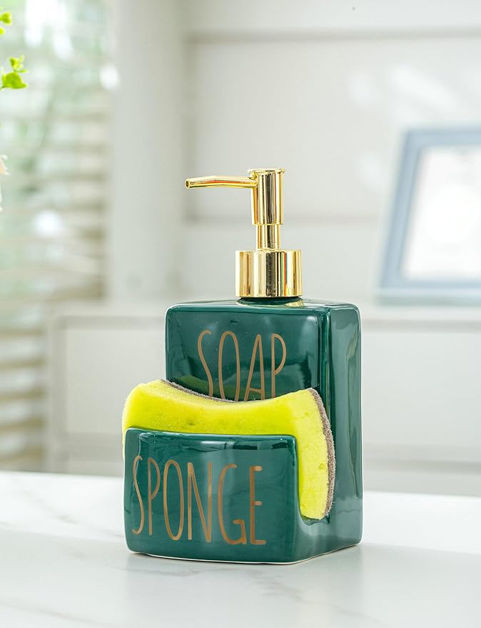 Ceramic soap Dispenser with Sponge Holder for Kitchen Sink Bathroom Counter top Storage and Organization (Green)