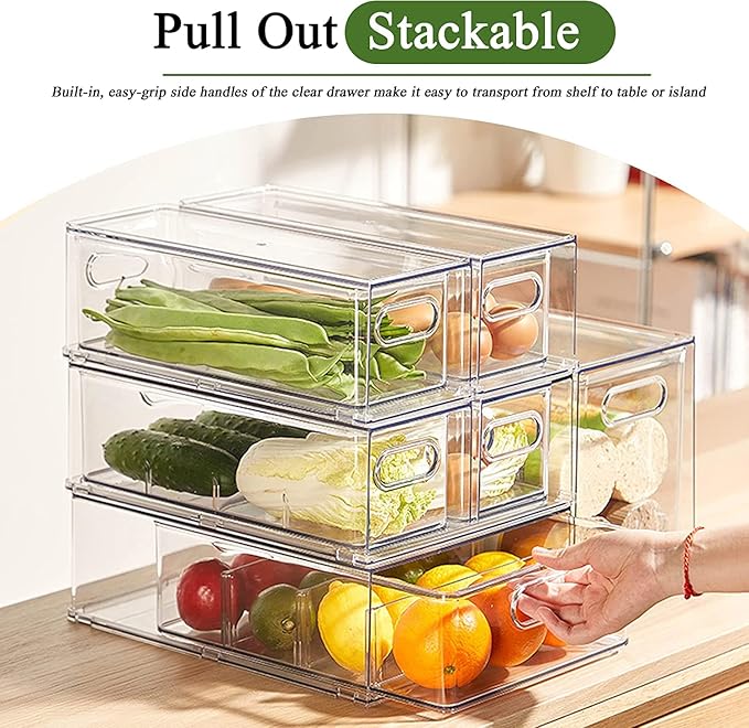 bealy 3 Pack Fridge Organizer and Storage,Clear Storge Bins with Pull-out Drawer, Fridge Drawers Clear Stackable Storage Drawer Containers for Freezer, Refrigerator, Pantry, Kitchen
