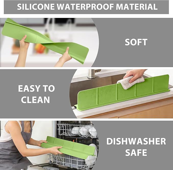23Inch Sink Splash Guard – Extended Length & Tall Silicone Kitchen Sink Splash Guard with Overhang Drainage Design & Strong Suction Cups for Countertop (Green, 23''x3.5'')