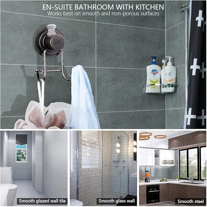 JiePai Suction Cup Towel Hooks,Shower Towel Holder for Bathroom,Suction Shower Towel Rack Organizer for Towel, Bathrobe,Loofah,Coat,Bags,Chrome (1 Pack)