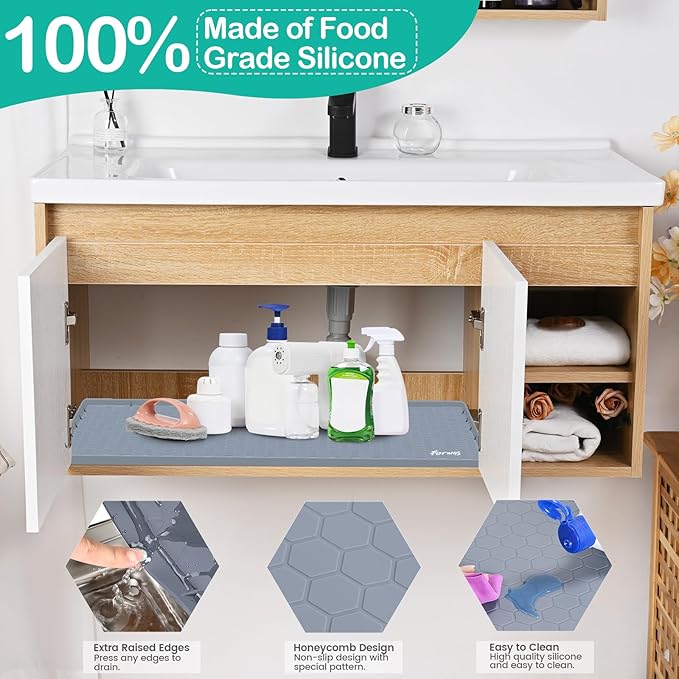 Waterproof Under Sink Mat 22" x 19", Silicone Cabinet Liner, Rubber Protector for Kitchen and Bathroom, Keeps Cabinets Clean, Dry, and Organized (Grey)