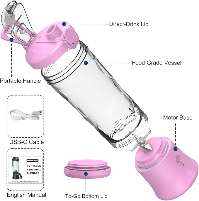 DENOKIN Portable Blender, Shakes and Smoothies Cordless Personal Size Blender 20oz with 6 Blade and a Travel Lid (Purpleish Pink)