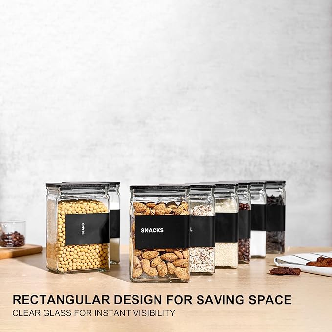 Glass Storage Jars with Bamboo Lids, 27oz Square Food Storage Containers for Kitchen Pantry Organization