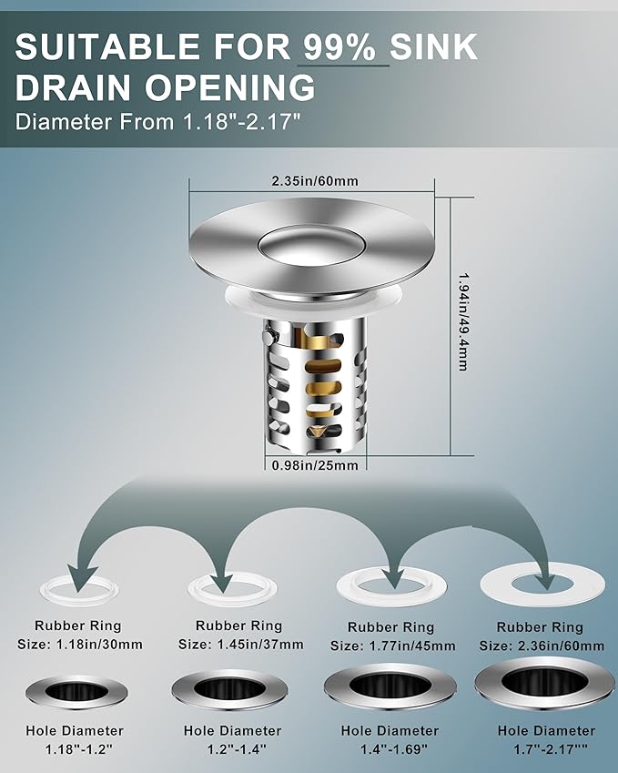 Bathroom Sink Drain Strainer,Universal Fit 99% Bathroom Sink Stopper, Anti-Clog Stainless Steel Drain Filter Basket, Removable Sink Drain for Bathroom Sink Stopper for (1.18'' to 2.17'' inch) Drain
