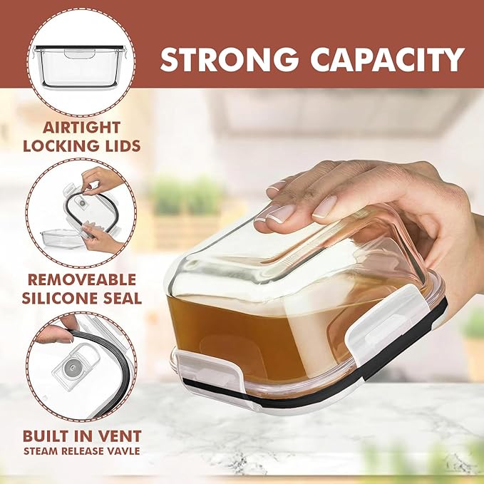 Razab 24 Pc Airtight Glass Food Storage Containers - Glass Meal Prep Containers - Freezer to Oven Safe - Steam Release Valve BPA Free - Airtight Bento Boxes - Leak Proof (12 lids & 12 Containers)