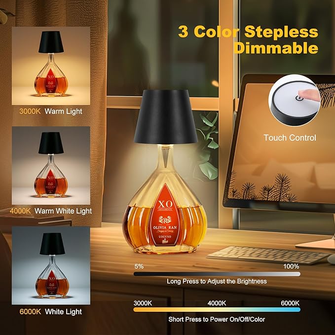 Wireless Bottle Lamp, 2025 New 3 Color Rechargeable Wine Bottle Lights for Bars Restaurants (Black, 1PC)