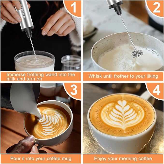 Philorn Coffee Rechargeable Frother With Stand, Handheld Frother Wand for Coffee with 3 Heads 3 Speed, Drink Mixer Handheld Electric Stirrer for Latte, Cappuccino, Matcha, Almond Milk