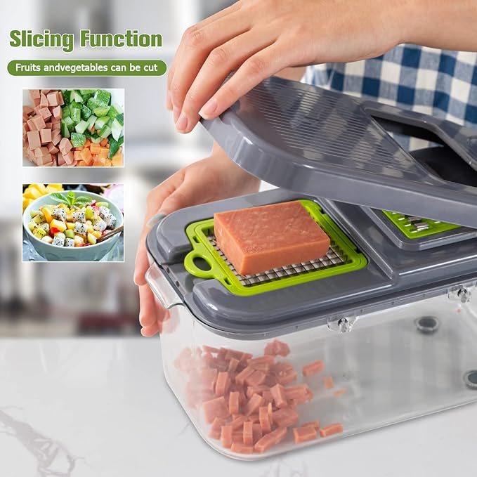 New 2022 Vegetable Dicer Onion Chopper, 22 in 1 Food, Fruits Cutter with 14 Stainless Steel Blades, Adjustable Slicer with Drain Rack Storage Container, Kitchen Gadget