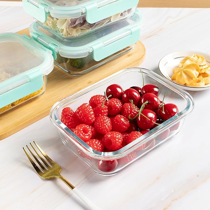 10 Pack 22 oz Glass Meal Prep Containers, Food Storage Containers with Lids, Airtight Leakproof Lunch Containers for Kitchen, Freezer, Microwave, Dishwasher Safe (Mint Green)