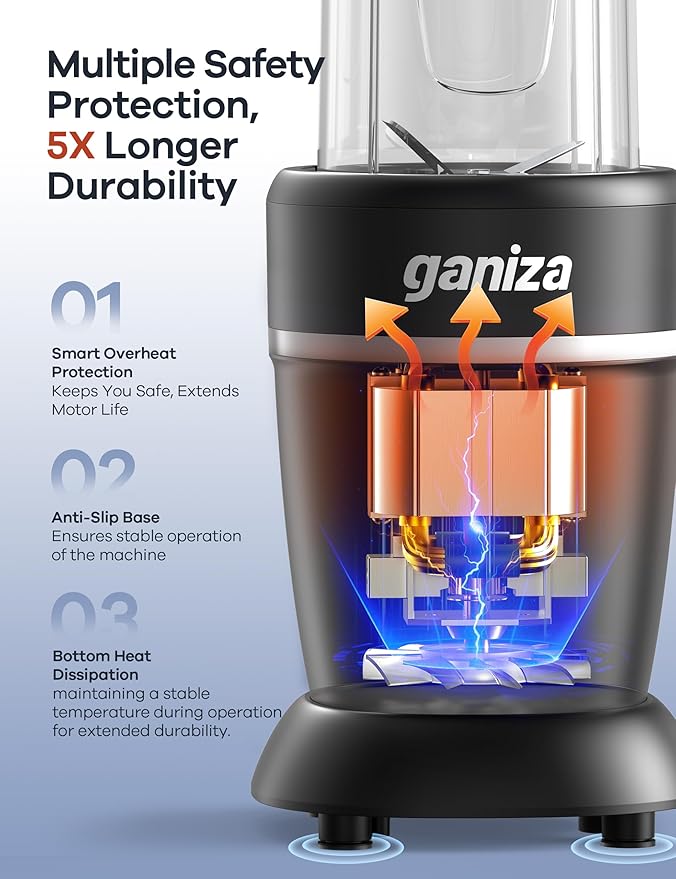 Ganiza Smoothie Blender, Max 1300 Watt Personal Blender and Grinder Combo for Kitchen, Portable Maker for Smoothies, Shakes, Frozen Drinks, Sauces with 6-Leaf Blade, 23 oz, (2) 37 oz To-Go Cups