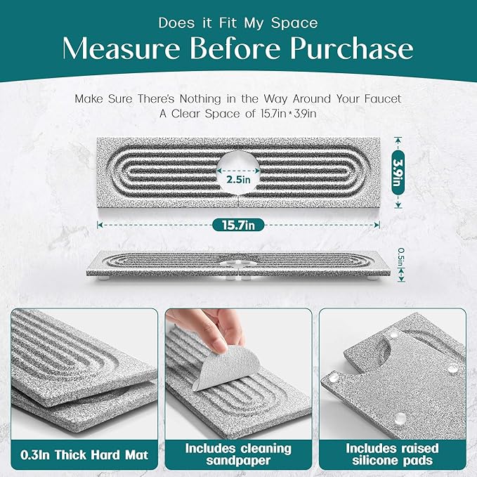 Stone Faucet Mat for Kitchen Sink, Food-Grade Diatomite Stone Drying Mat for Kitchen Counter, 2026 Upgraded Dishwasher-Safe & Ultra Absorbent, Stone Dish Matt for Bottles Utensils (15.7" x 3.9")