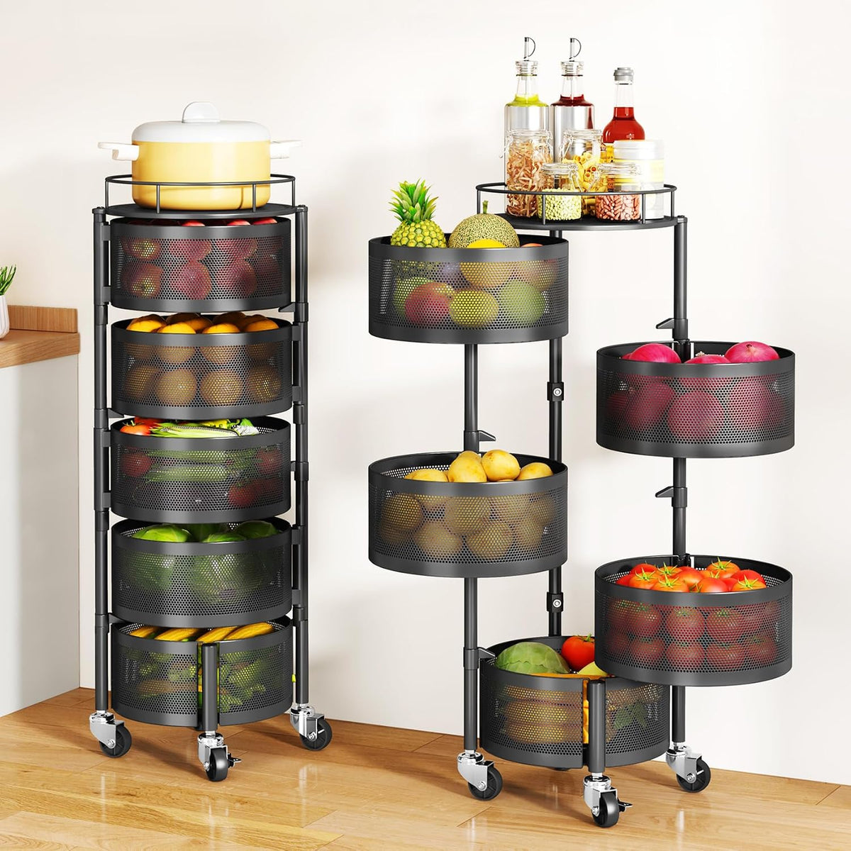 5 Tier Fruit Vegetable Basket Stand for Kitchen, Rotating, Black