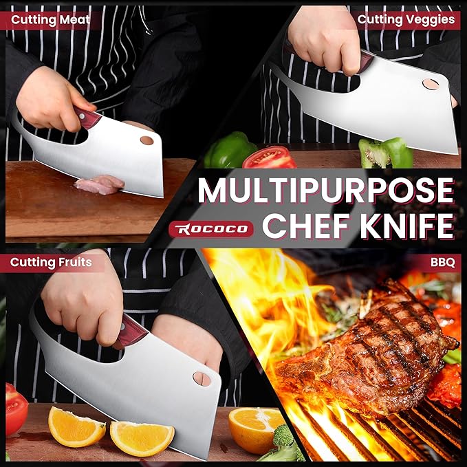 ROCOCO Easy Handle Meat Cleaver - Effort Saving Chef Knife Unique Professional for Kitchen Cutting Meat Vegetable Gift Red Full Tang Stainless Steel 7.48"