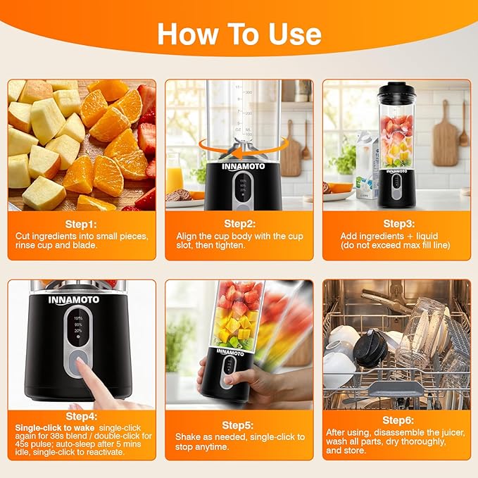 Portable Personal Size Blender for Smoothies - Cordless Mini Blender with 20oz BPA-Free Juice Cup & Leak-proof Travel Lid, Type-C Rechargeable Freshly Squeezed in Outside/Office/Gym