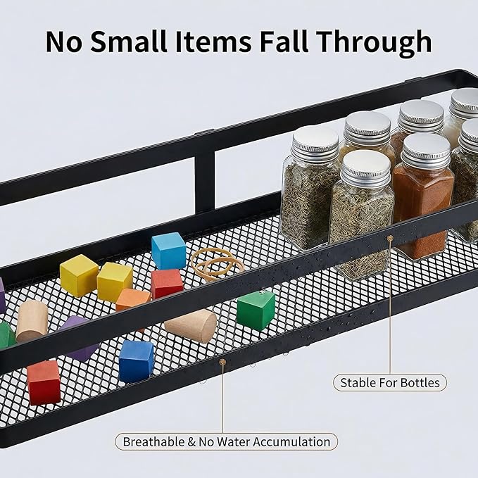 PUSDON 5-in-1 16.5" Extra Long Kitchen Organizer & Shower Caddy Set, Wall Mount Spice Rack with Paper Towel Holder, Utensil Holder & Soap Dish, Rustproof Mesh - Matte Black, Guardrail
