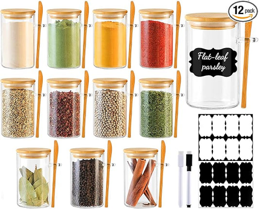 TBWIND 12 Pack 8 oz Round Glass Spice Jars with Lids and Spoons – Airtight Small Spice Containers Set with Labels, Clear Glass Storage Jars for Seasoning, Spices, Kitchen Pantry Organization