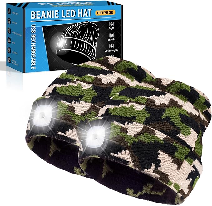 Beanie Hats with Light, USB Rechargeable LED Hand Free Headlamp, Ideal for Camping, Hiking, Fathers Day Dad Gifts, Birthday Gifts for Husband, Dad, Men, 2 Pack, Camouflage