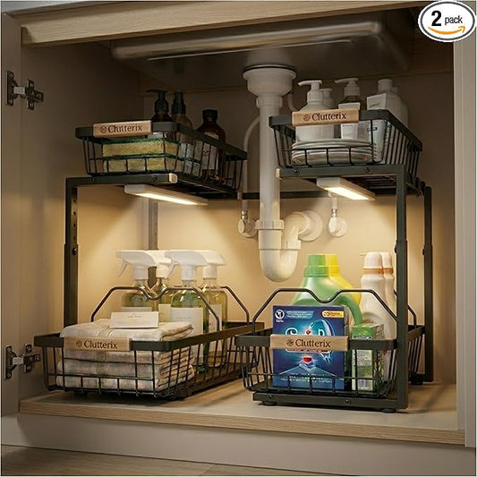 Under Sink Organizer with Motion-Activated LED Lights, 2 Pack, Black
