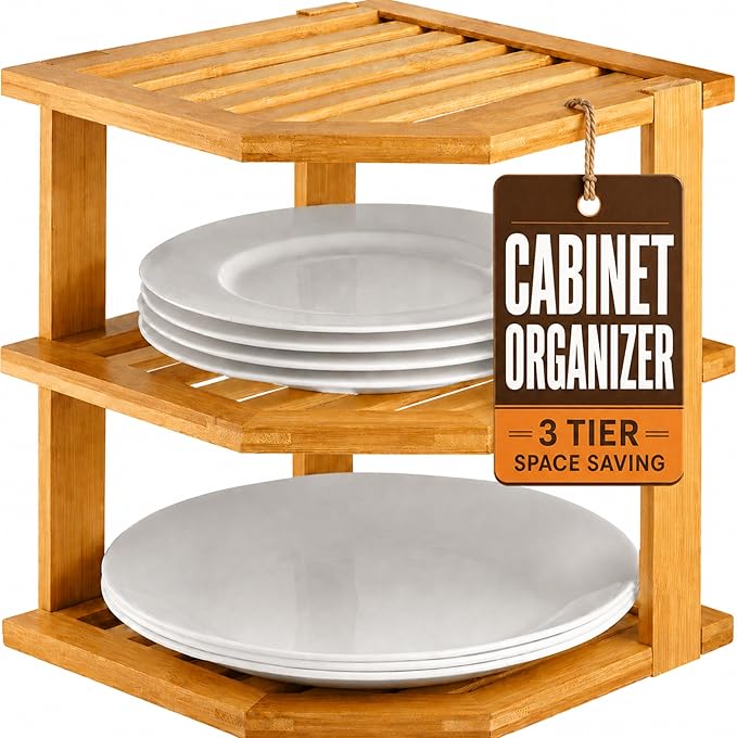 Bambüsi Plate Organizer for Cabinet - 3 Tier Bamboo Corner Shelf Cabinet Organizer for Plates Bowls Mugs Cups, Kitchen Organization, Space Saving Countertop Shelf, Small Spaces, 10 x 10 x 9.5 Inch