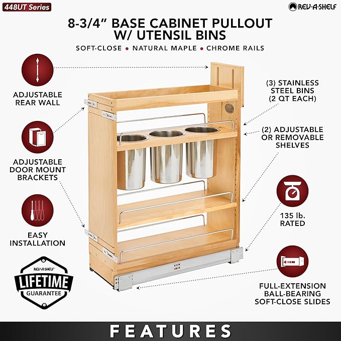 Rev-A-Shelf Maple Pullout Utensil Organizer with 3 Bins & BLUM Soft-Close for Full-Height Base Cabinets, Full Extension Slides, Adjustable Shelves, Min Opening Width of 8.5", 448UT-BCSC-8C