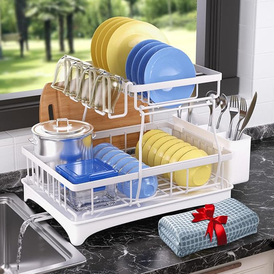 Dish Drying Rack, 2-Tier Dish Rack with Auto-Drain & Mat, White