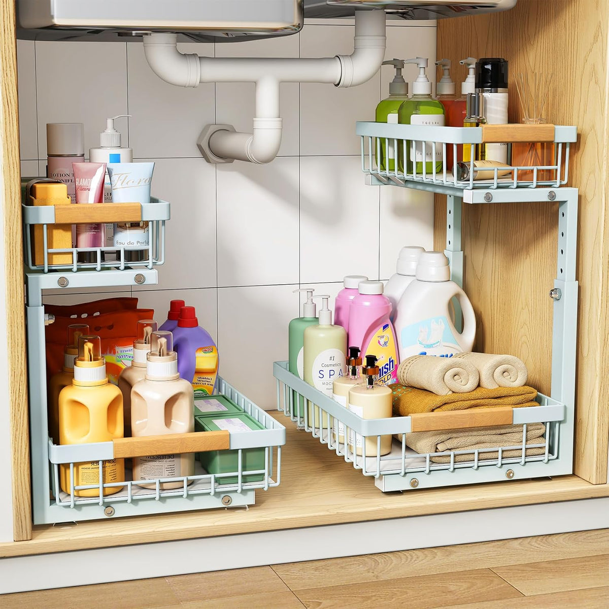 Under Sink Organizer, Adjustable Height, 2 Tier Pull Out Under Cabinet Organizer, Slide Out Thickened Metal Under Sink Storage for Kitchen Bathroom Laundry Pantry Cabinet, Blue, Large-2-Pack