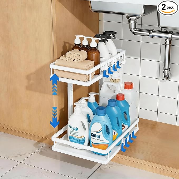 Under Sink Organizer, Dual-Rail Ball-Bearing, Under Kitchen Sink Organizer, 6-Level Adjustable, Under Cabinet Organizer, No-Drill Adhesive/Suction, Under Sink Storage (White, Double Layer - 1 Pack)