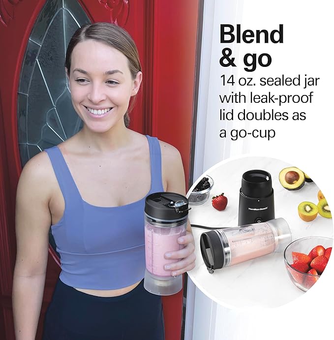 Beach Personal Blender With Leak-Proof Travel Lid - 14 oz. Jar - Black - Stainless Steel - Watts 300 - Personal Blender - 3.94 x 4.13 x 12.20 Inches