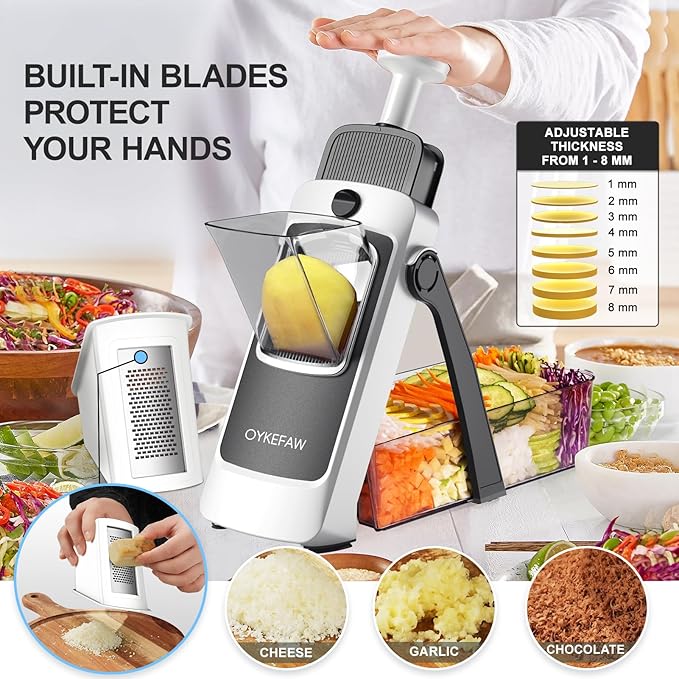 Safe Mandoline Slicer Pro, Gen 4th, Adjustable Thickness food Slicer For Kitchen, Vegetable Chopper With Container, Lid, Drain Basket, Veggie Cutter For Potato Onion Fruit (GRAY）