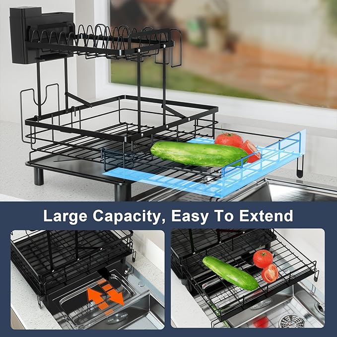 2 Tier Dish Drying Rack - Expandable Dish Rack Over Sink, 304 Stainless Steel Dish Rack for Kitchen Counter, Dish Drainer w Utensil Holder, Drainboard & Cups Holder, Anti-Rust & Space Saving