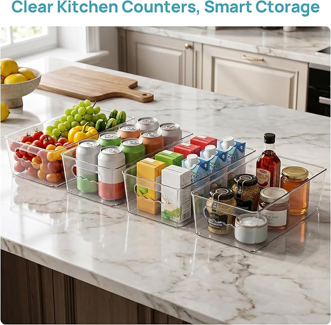 Vtopmart 6pcs Clear Organizers and Storage Bins, Plastic Storage Containers with Handles for Fridge, Freezer, Pantry, Cabinet, Kitchen Organization