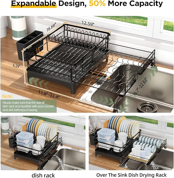 NETEL Dish Rack, Extendable Dish Drying Rack, Dish Drainer for Kitchen Counter, Dish Strainer with Utensil Holder, Over The Sink Dish Drying Rack with Automatic Drainage System
