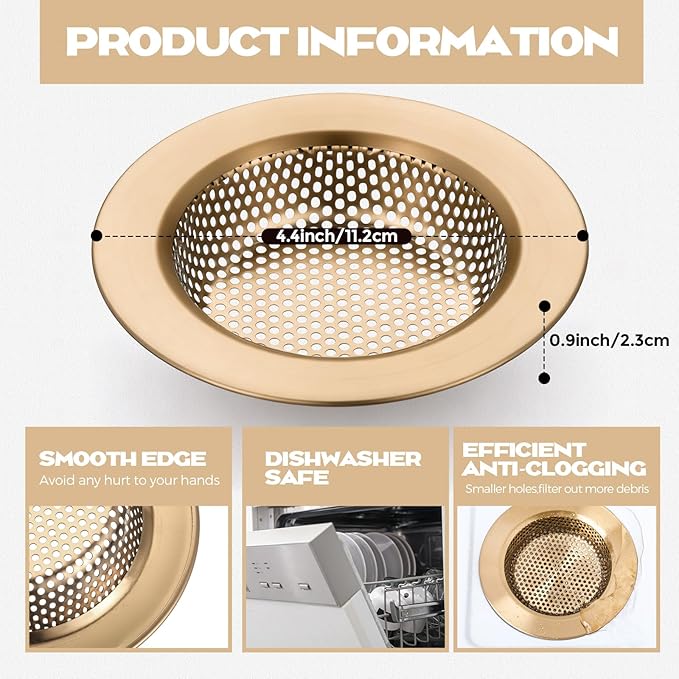 Retisee 2 Pcs Sink Strainer Stainless Steel Kitchen Sink Drain Strainer Basket Cover Mesh Hair Food Catcher, Large Wide Rim of 4.4 Diameter (Champagne Bronze)