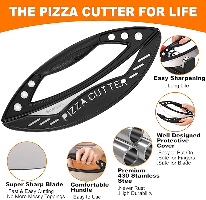 Suanyok Premium Pizza Cutter Rocker Blade with Cover, 12" Stainless Steel Large Wheel Slicer-Food Vegetable Chopper Kitchen Gadgets, Black