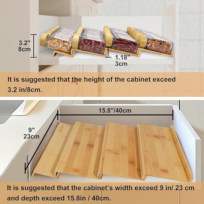 Spice Drawer Organizer with 20 Bamboo-lidded Spice Jars,216 Labels,25 Non-slip Rubber, Bamboo 4 Tier Seasoning Rack Tray Insert for Kitchen Drawers,Cabinets,Countertop,9" Wide x 15.8" Deep