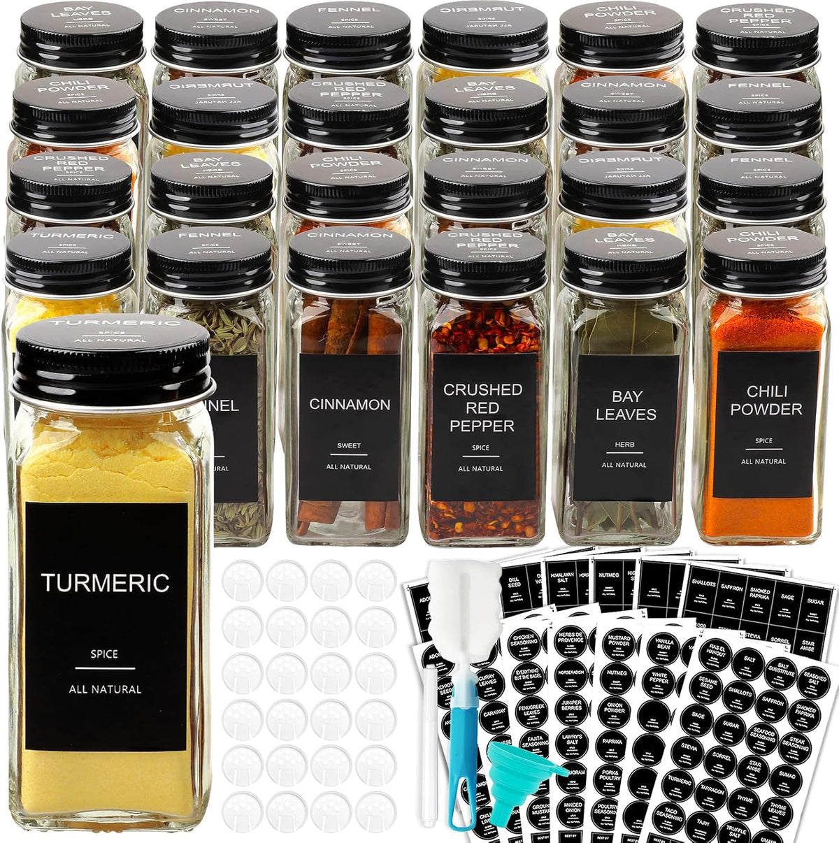 24 Pcs Glass Spice Jars with 398 Labels, 4oz Empty Square Spice Containers Seasoning Bottles - Shaker Lids, Funnel, Brush and Marker Included(Black Metal Caps)