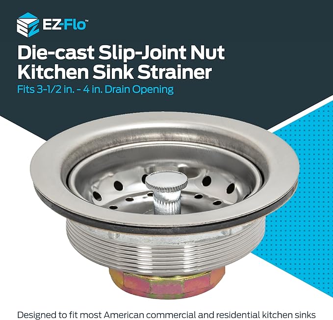 EZ-FLO Kitchen Sink Strainer with Die-Cast Slip-Joint Nut, Fits 3-1/2 to 4 Inch Openings, Stainless Steel, 30001