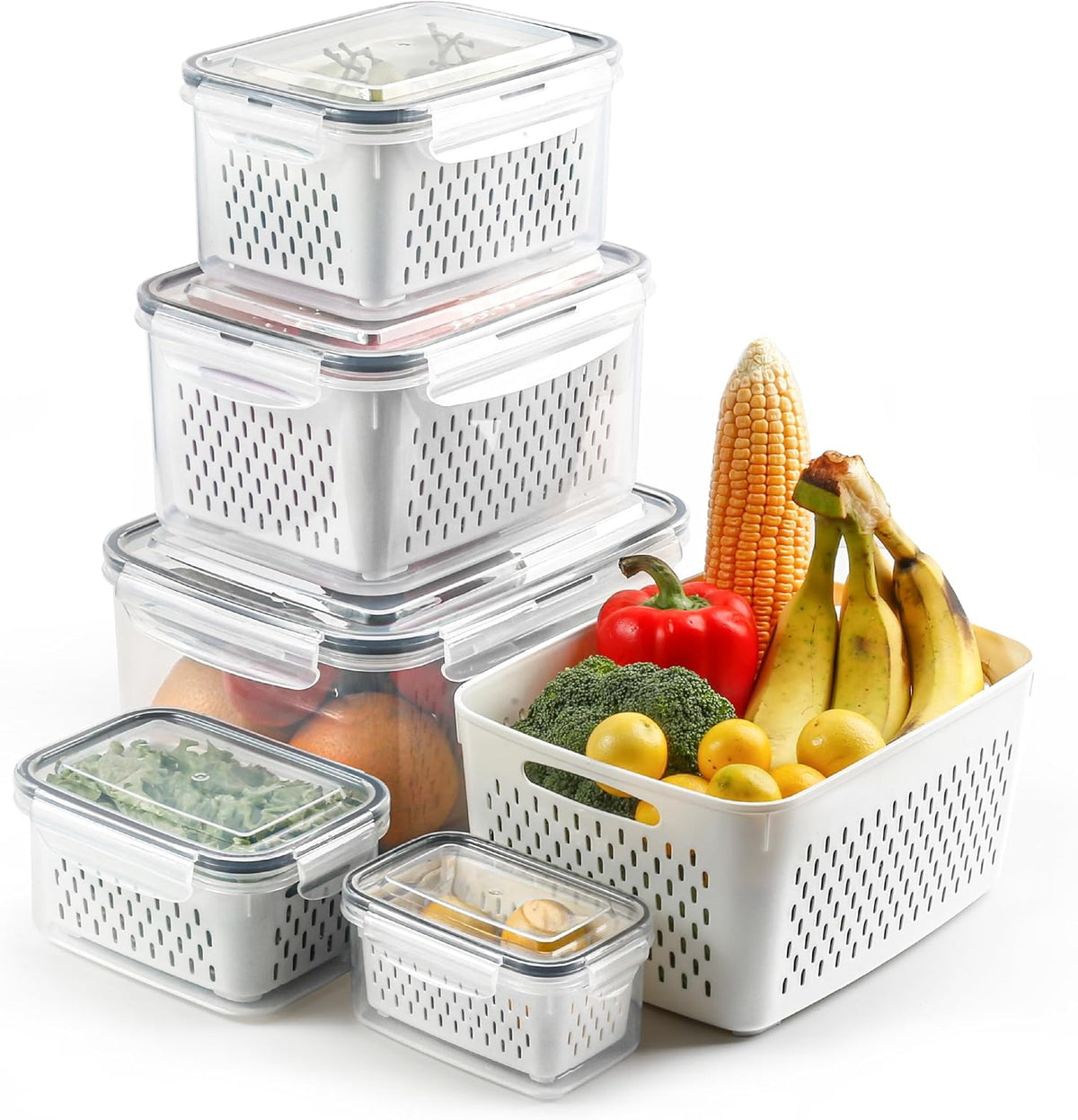 5 Set Fruit Storage Containers for Fridge with Colander, Produce & Veggie