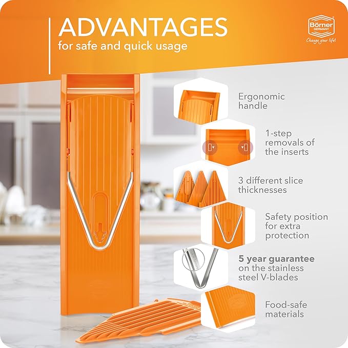 Börner Mandoline Slicer V1 (Basis Set) • V-Slicer with 2 Inserts & Fruit Holder • Adjustable Kitchen Slicer for Vegetables & Fruits • Vegetable Cutter • 3 Thickness Settings • Color: Orange