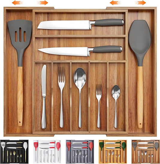 Large Premium Acacia Wood Silverware Organizer