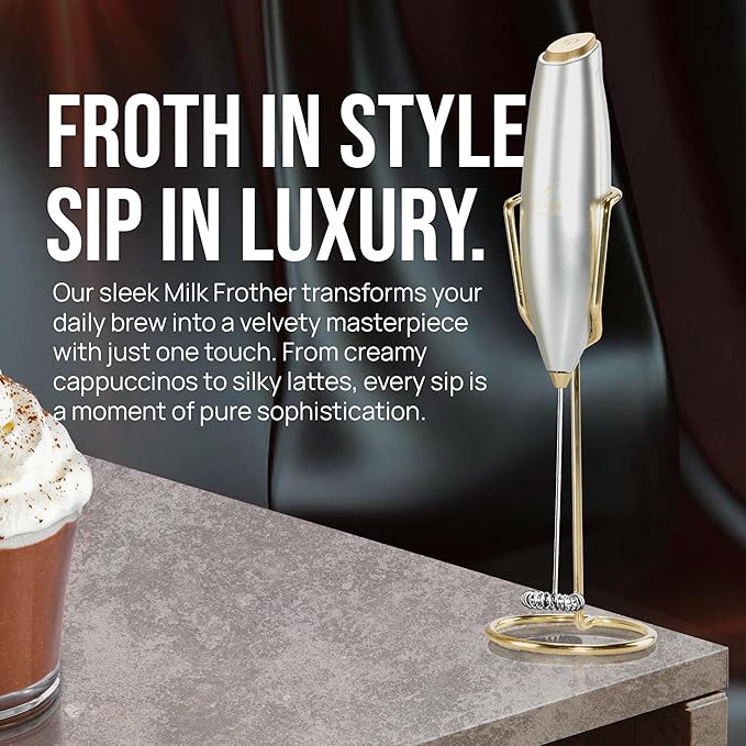 Zulay Kitchen Powerful Milk Frother Wand With Duracell Batteries - Ultra Fast Handheld Drink Mixer - Electric Whisk Foam Maker for Coffee, Lattes, Cappuccino & Matcha - Z1 Motor - Exec Silver Gold