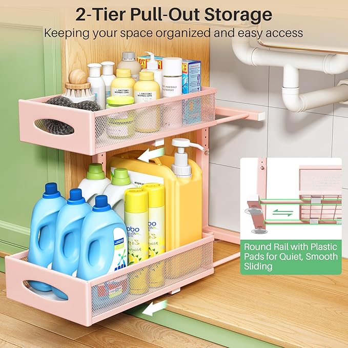Under Sink Organizer, 2 Tier Pull out Cabinet Organizer Baskets with Mesh Sliding Drawers, Slide out Storage Shelf for Home, Kitchen, Bathroom, Pantry, Office Cabinet(1 Pack, Pink)