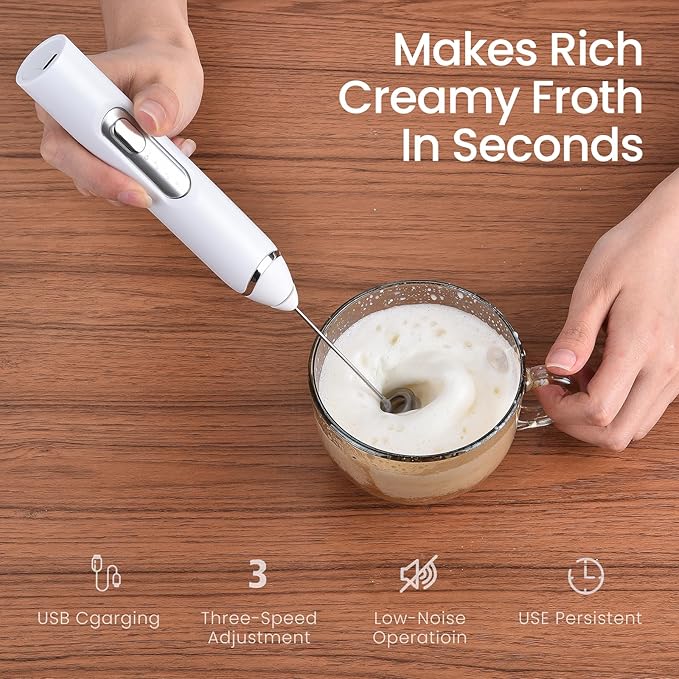 Handheld Milk Frother with Travel Case - Portable USB Rechargeable Mini Whisk for Coffee, Latte. Includes 3 whisks, storage, perfect for frothing milk, beating eggs, and blending drinks.