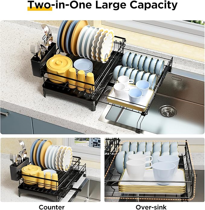 NETEL Dish Rack, Extendable Dish Drying Rack, Dish Drainer for Kitchen Counter, Dish Strainer with Utensil Holder, Over The Sink Dish Drying Rack with Automatic Drainage System