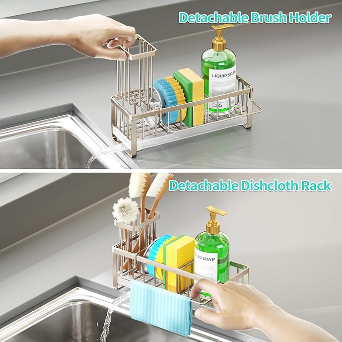 HapiRm Sponge Holder for Kitchen Sink - Self-draining Sink Caddy with Brush Holder and Dishcloth Holder, Stainless Steel Kitchen Organizer for Countertop - Brushed Nickel