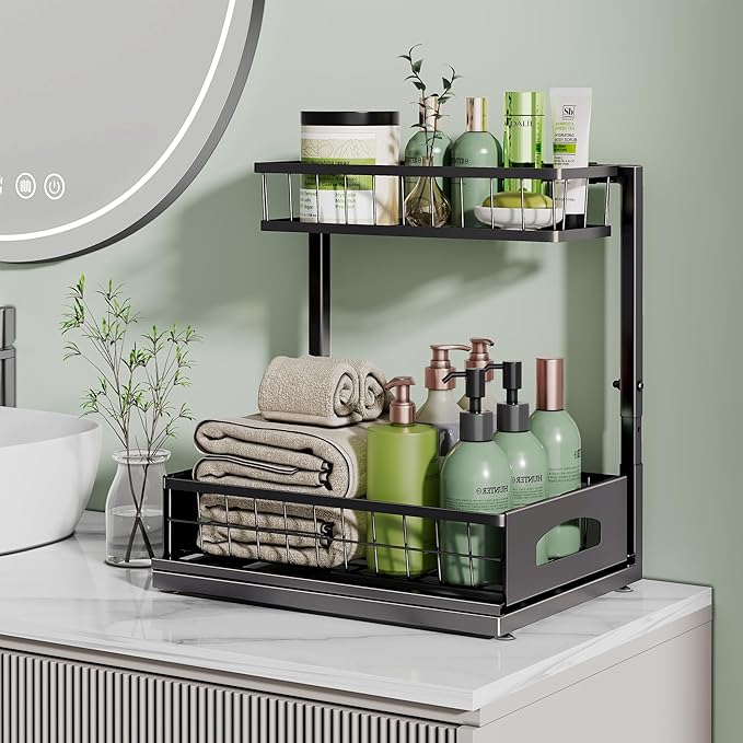 Under Sink Organizer, Cabinet Organizer for Kitchen, Height Adjustable Pull Out Heavy Duty 2 Tier Metal Under Sink Storage for Bathroom Pantry (Black, 1 Pack)