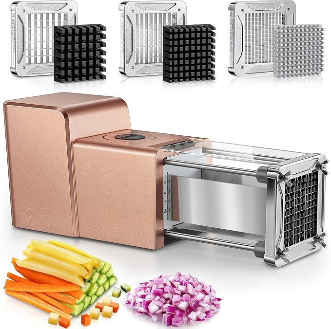 Sopito French Fry Cutter Electric Vegetable Slicer Stainless Steel with 3 Blades 1/4 3/8 1/2 Inch for Potatoes Carrots Onions Apples, Rose Gold