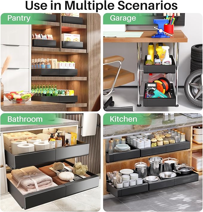 6 Pack Pull out Cabinet Organizer, Expandable(12"-20") Heavy Duty Slide out Drawer Fixed with Adhesive Nano Film for Pots, Roll out Shelf Storage for Kitchen Organization, Pantry, Bathroom(Black)