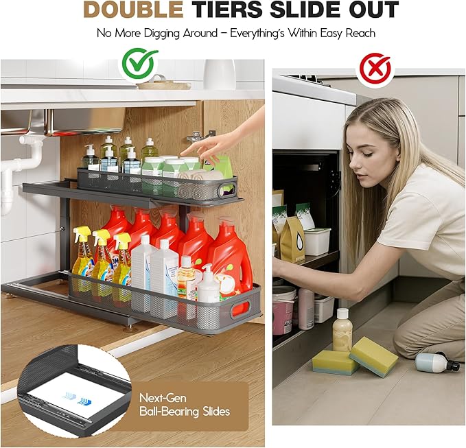 2-Pack 18.5 IN Depth Under Sink Organizer With Next-Gen Ball-Bearing Slides,Sophisticated Mesh 2-Tier Pull Out Shelf for Kitchen & Bathroom,Fits Small Items-Gun Gray
