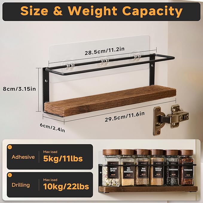 4-Tier Wall Mount Spice Rack Organizer- Screw/Adhesive Mount, Black Metal & Wood Spice Storage for Kitchen Pantry Cabinet, 11.6”W x 2.4”D x 3.2”H, Spice Jars Not Included